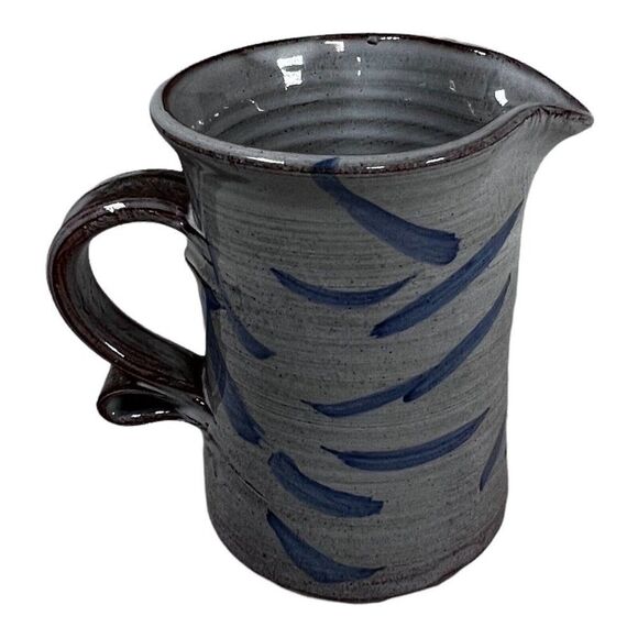 Handmade Pottery Pitcher Creamer Redware  Brown & Blue Salt Glaze Signed Stamped - Picture 1 of 5